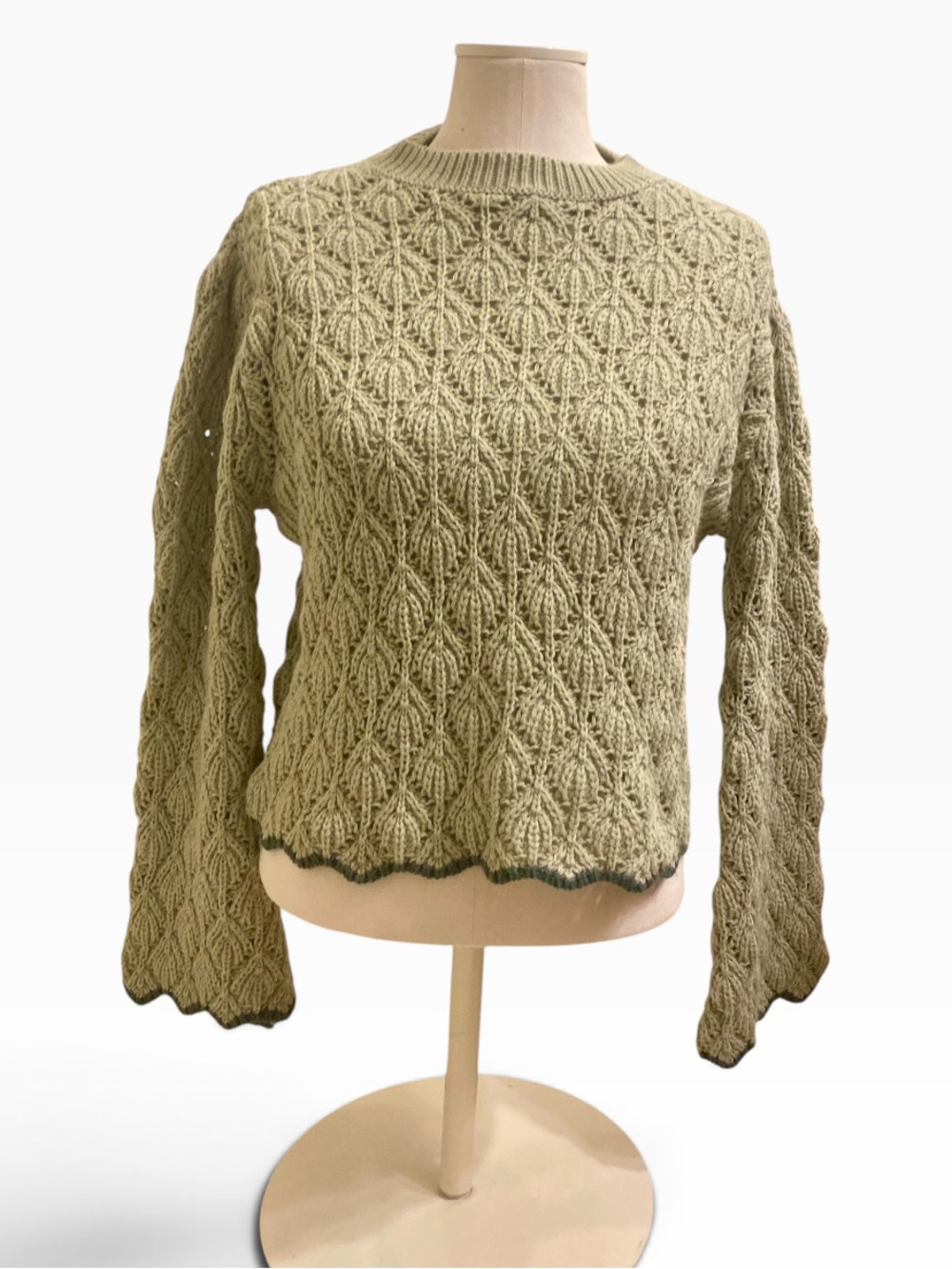 SAGE GREEN BOHO KNIT SWEATER DARK GREEN HEM BELL SLEEVES CROPPED SWEATER MEDIUM